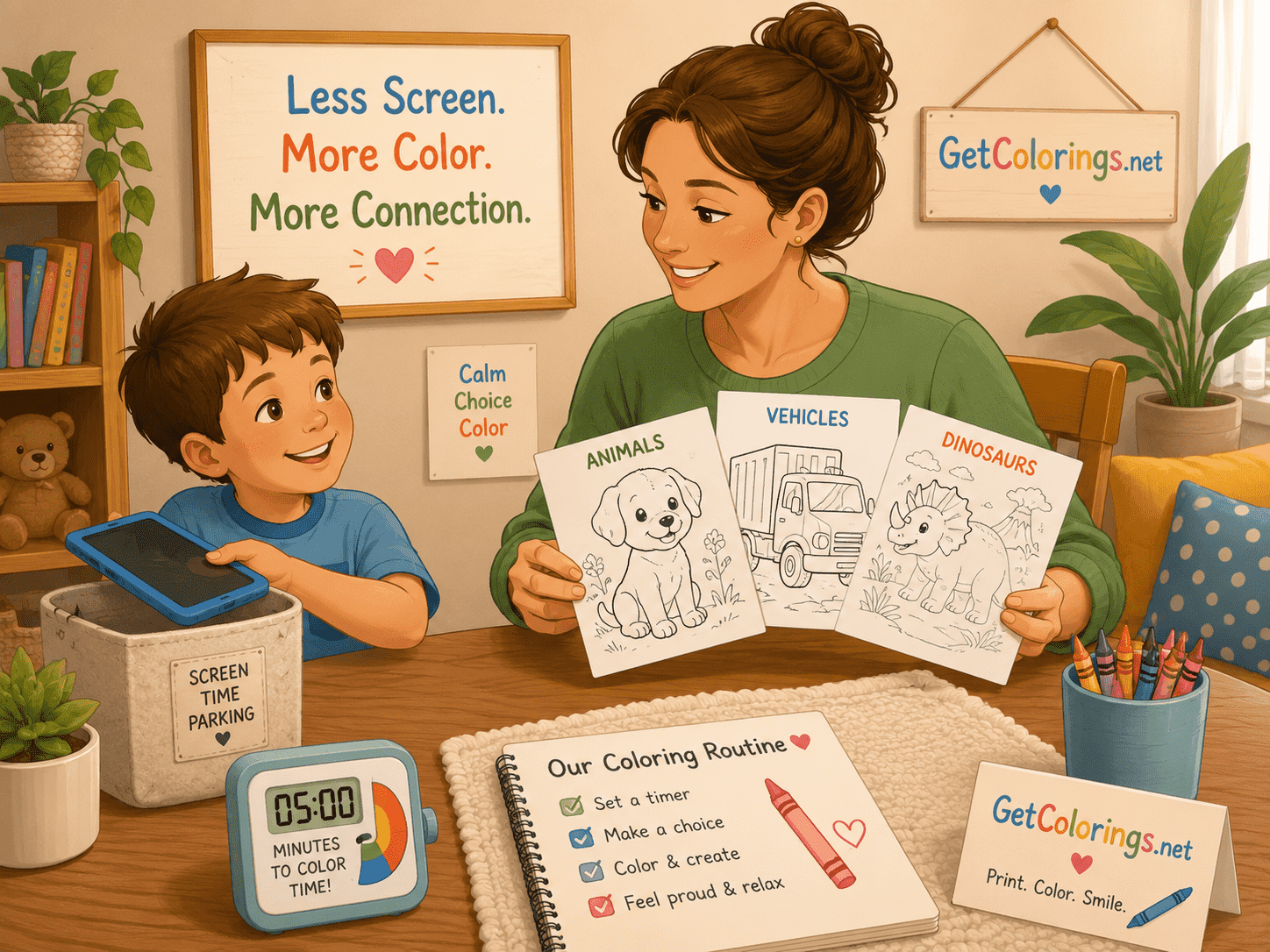 Parent helping a child move from tablet time to coloring by offering a choice of coloring pages