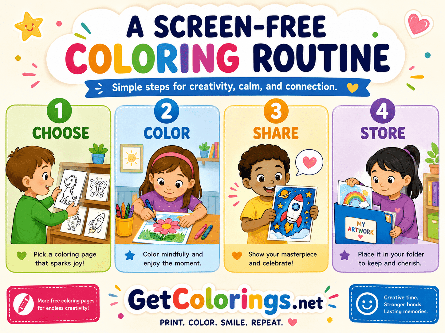 Four-step screen-free coloring routine: choose, color, share, and store