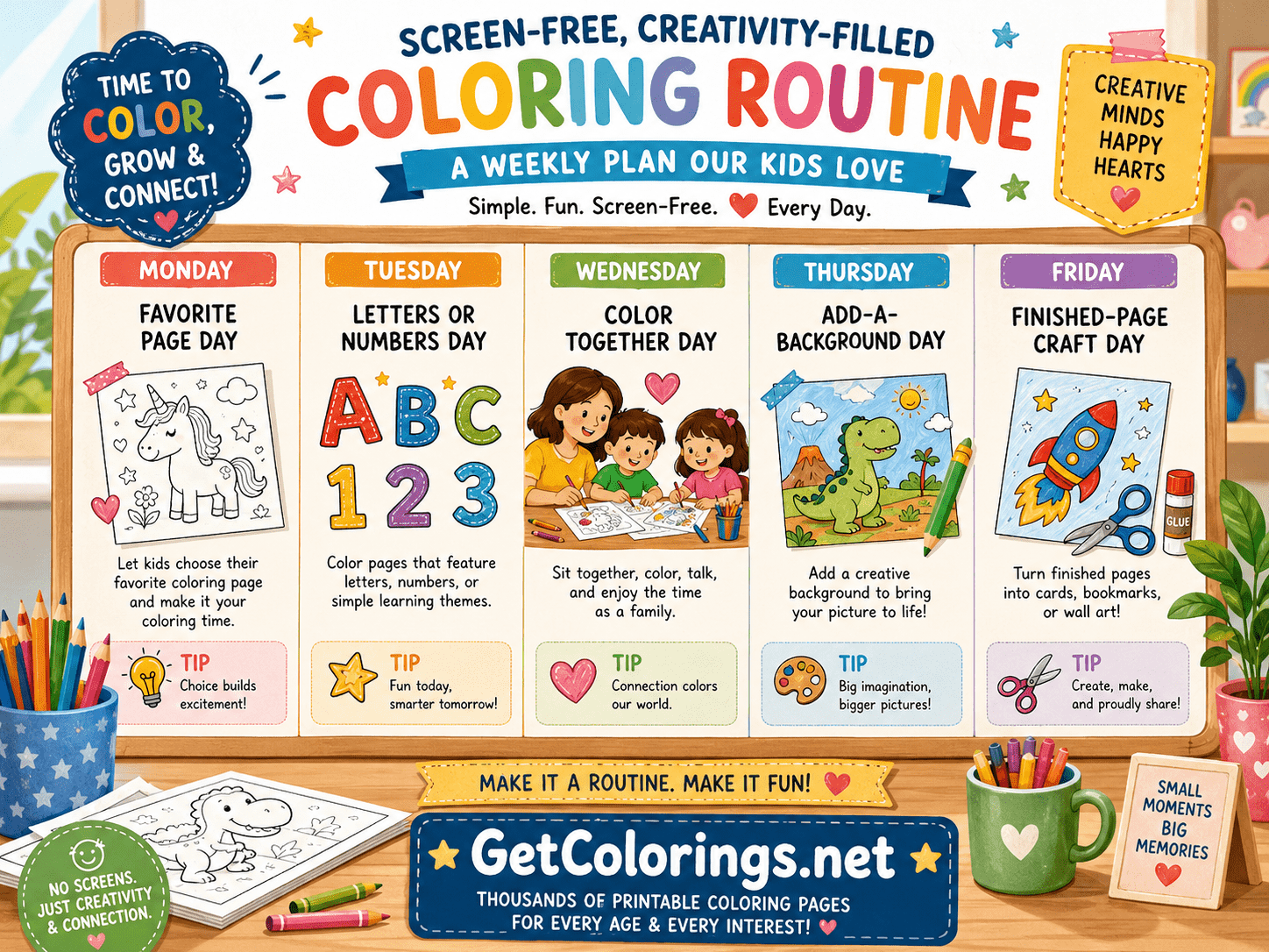 Weekly screen-free coloring plan with favorite pages, learning activities, family coloring, backgrounds, and crafts
