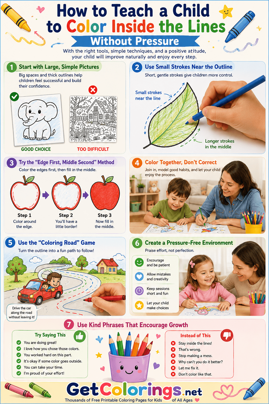 Infographic showing seven pressure-free ways to help a child color inside the lines