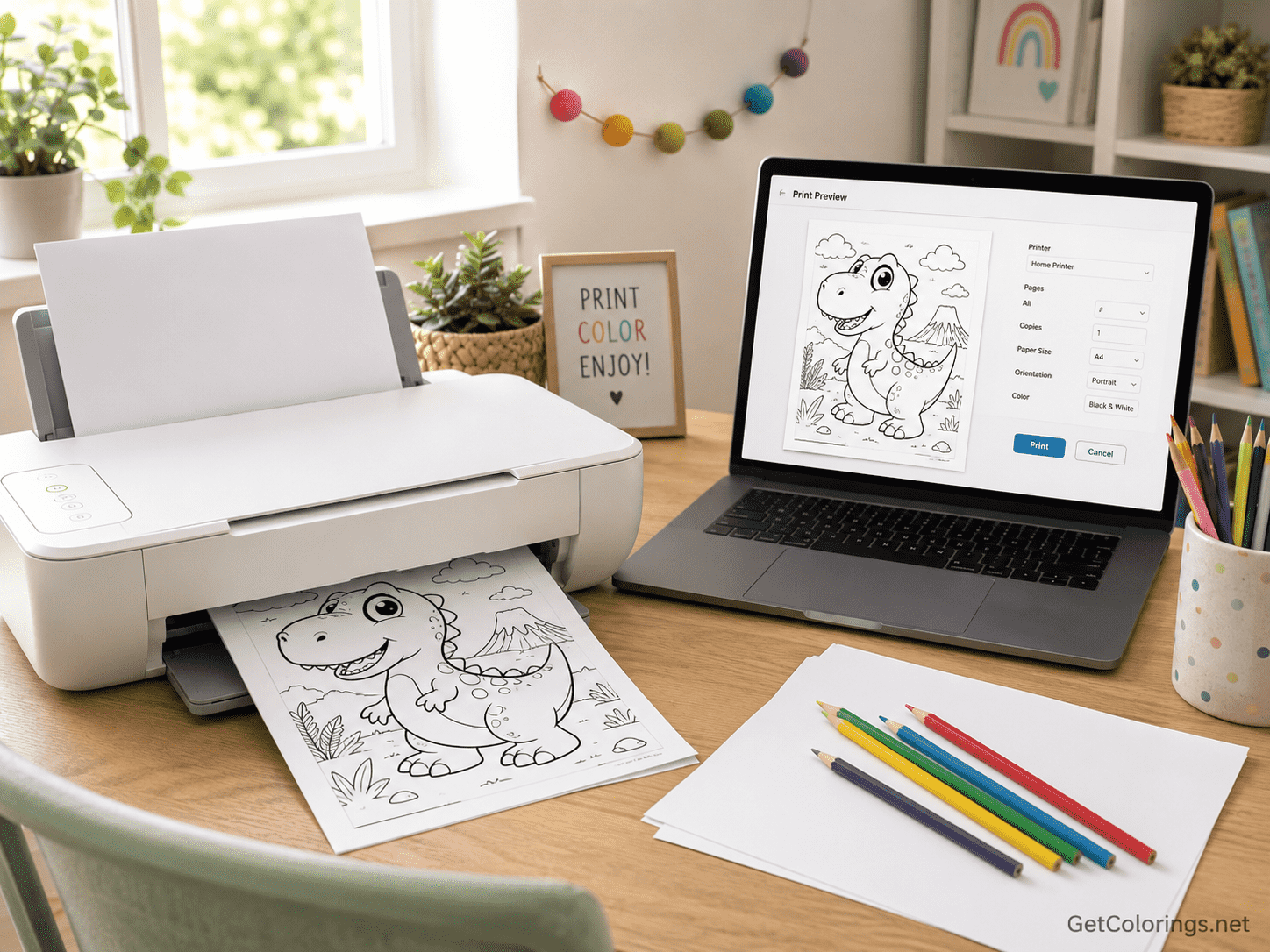 Home printer producing a dinosaur coloring page beside a laptop print preview