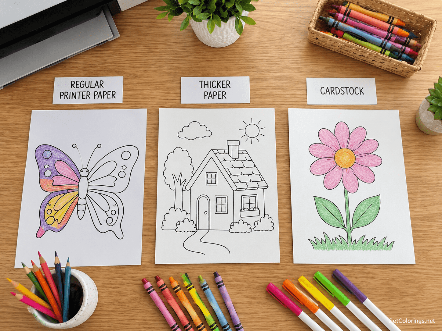Comparison of regular printer paper, thicker paper, and cardstock for coloring pages