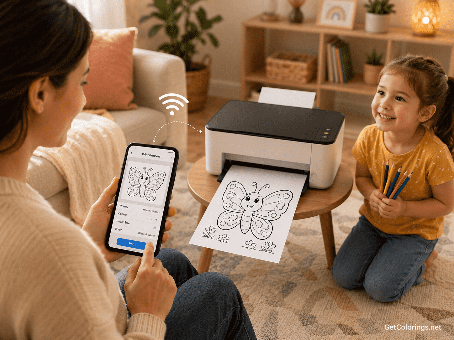Parent printing a butterfly coloring page wirelessly from a smartphone