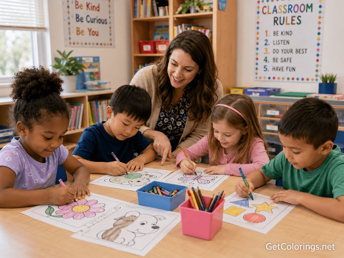 Teacher helping young students use printable coloring pages in a classroom