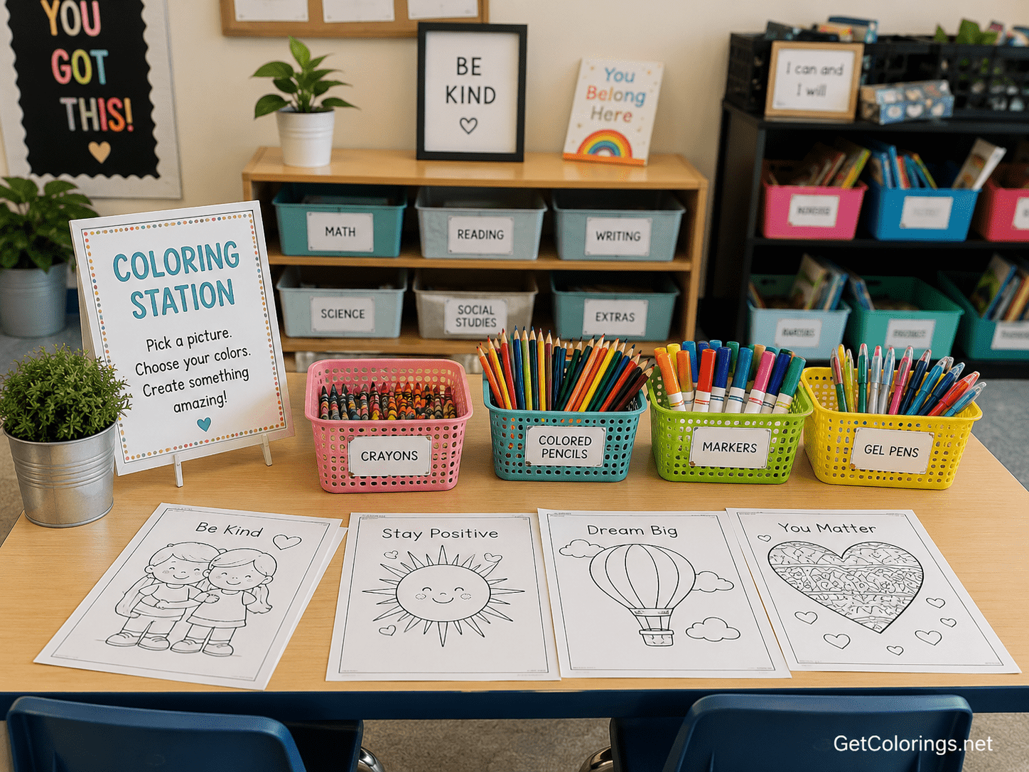 Organized classroom coloring station with crayons, colored pencils, markers, gel pens, and printable pages