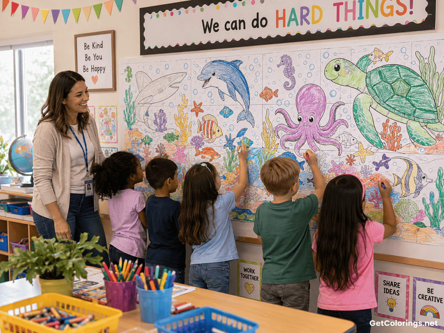 Students working together on a large underwater classroom coloring mural