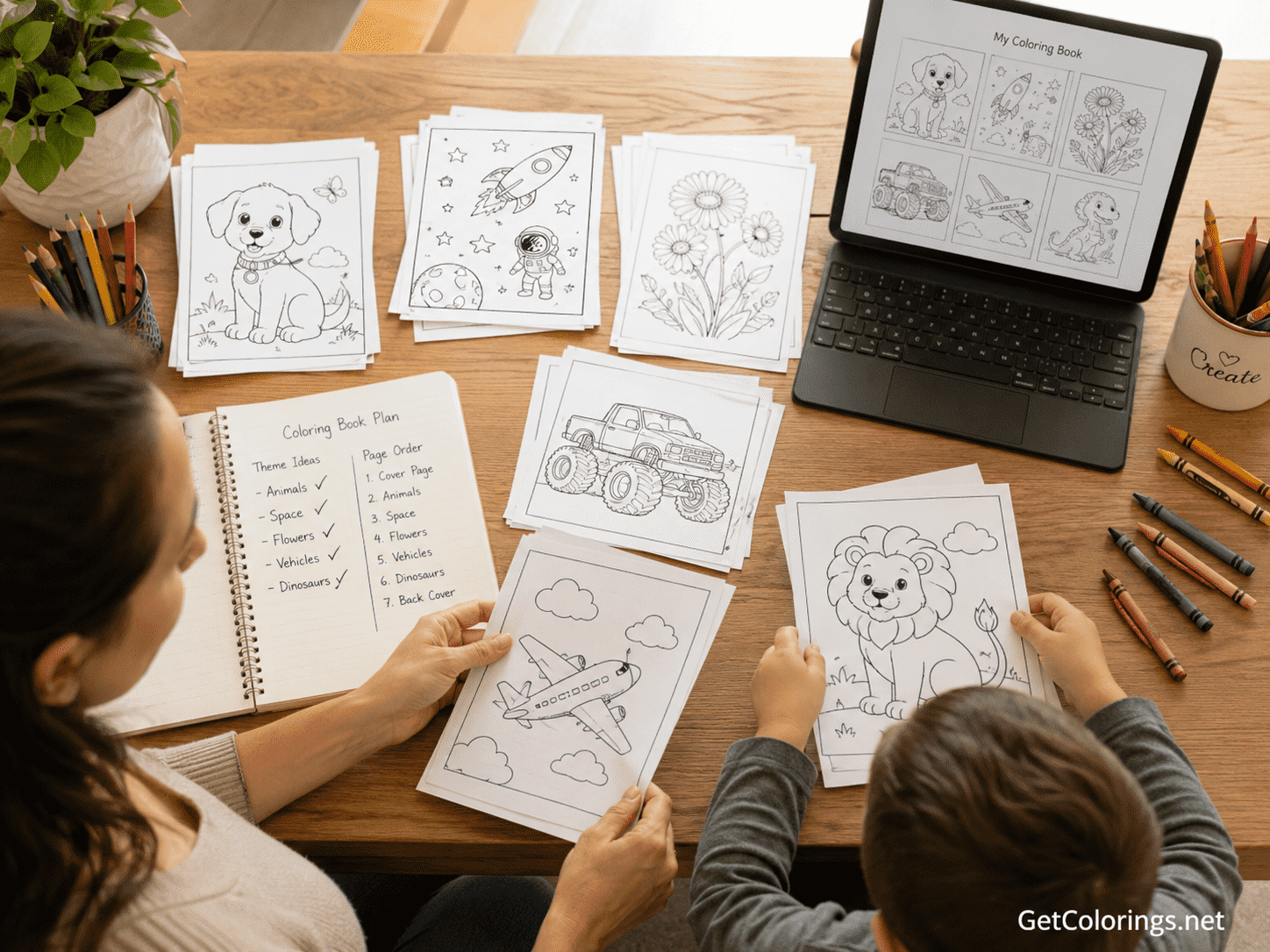 Parent and child planning a personalized coloring book with themed printable pages