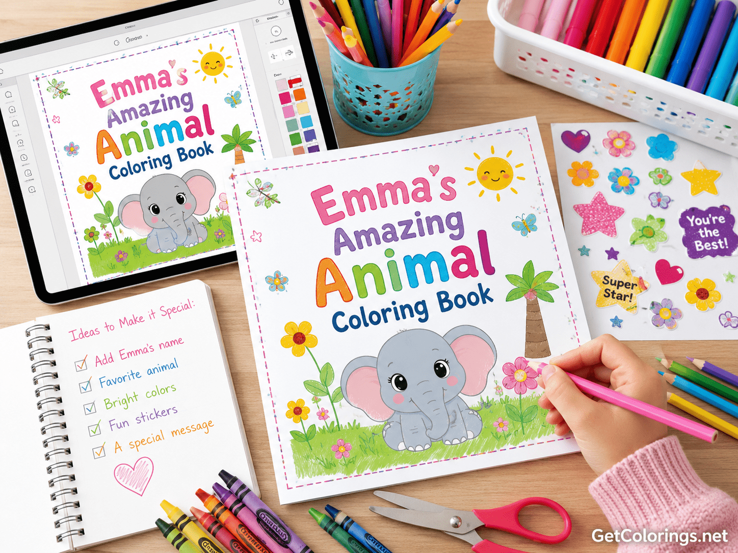 Personalized animal coloring book cover with a child’s name and custom decorations