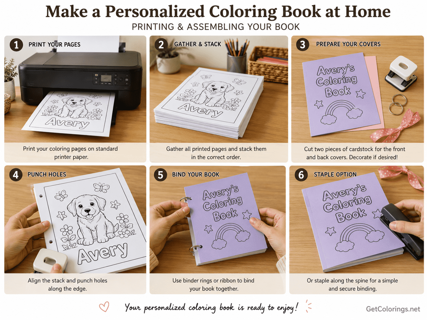 Six-step guide for printing, stacking, covering, punching, and binding a homemade coloring book