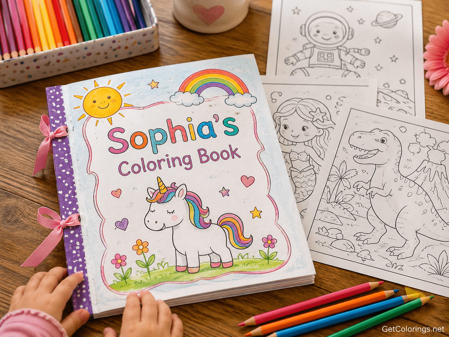 Finished personalized coloring book with a child’s name, ribbon binding, and printable pages