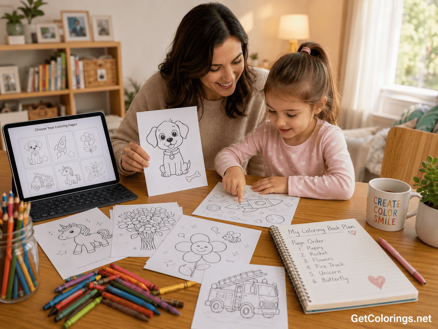 Parent and child choosing printable pages and planning a personalized coloring book