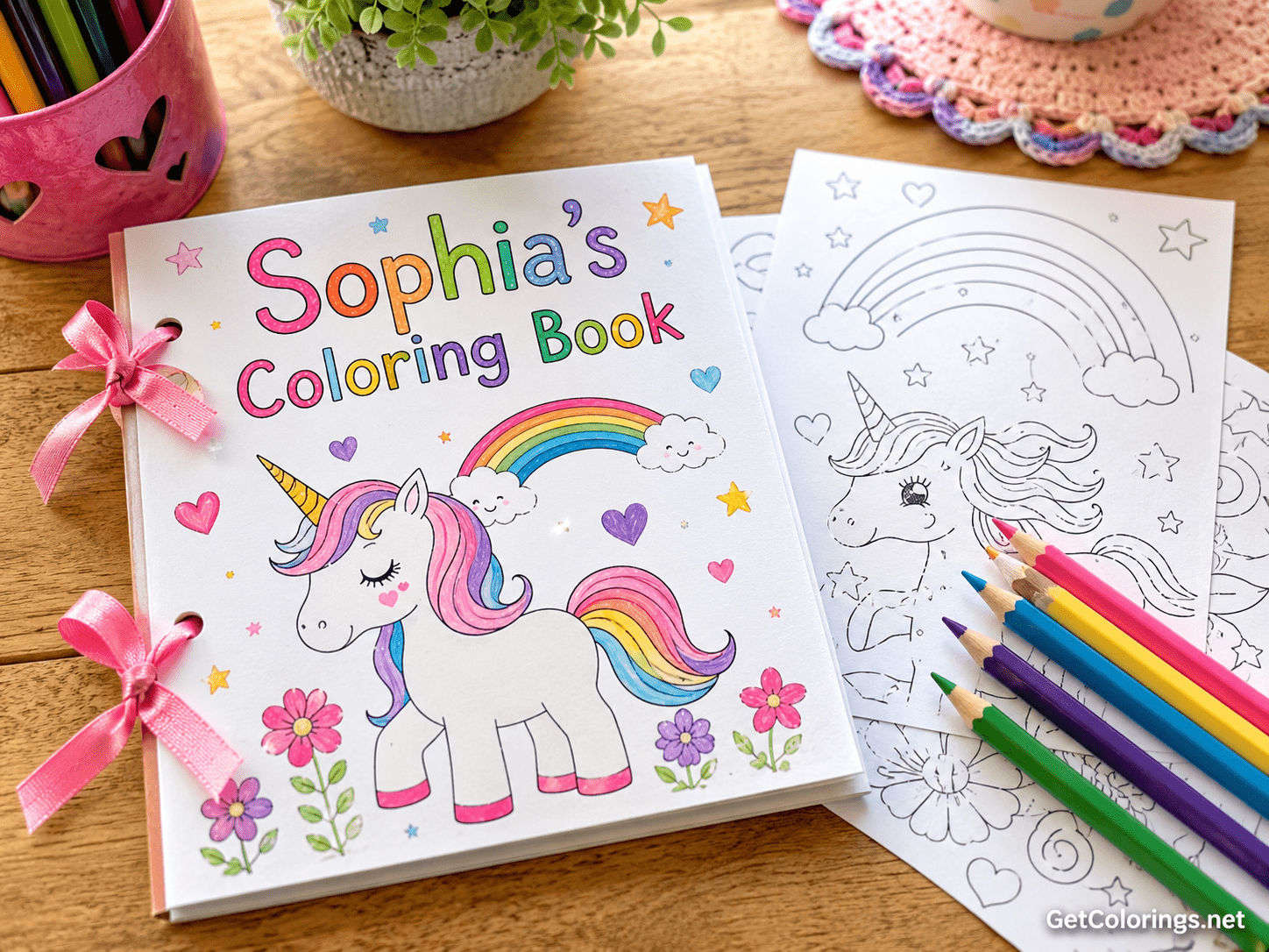 Personalized unicorn coloring book with a child’s name and ribbon binding